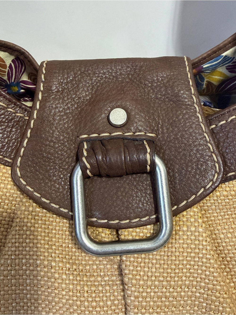 Fossil woven straw leather baguette hobo shoulder bag tan brown silver key - Picture 3 of 9